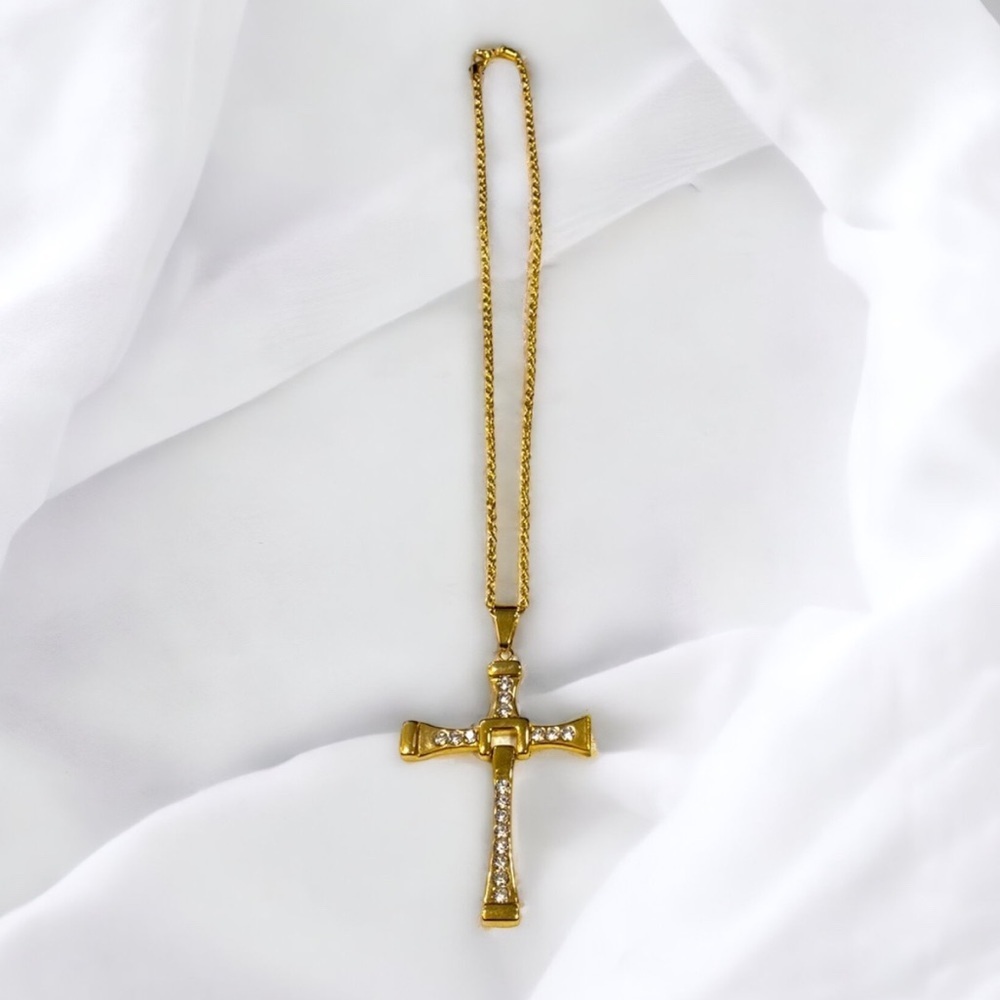 Beautiful Gold Tone Cross with Quartz Crystals
